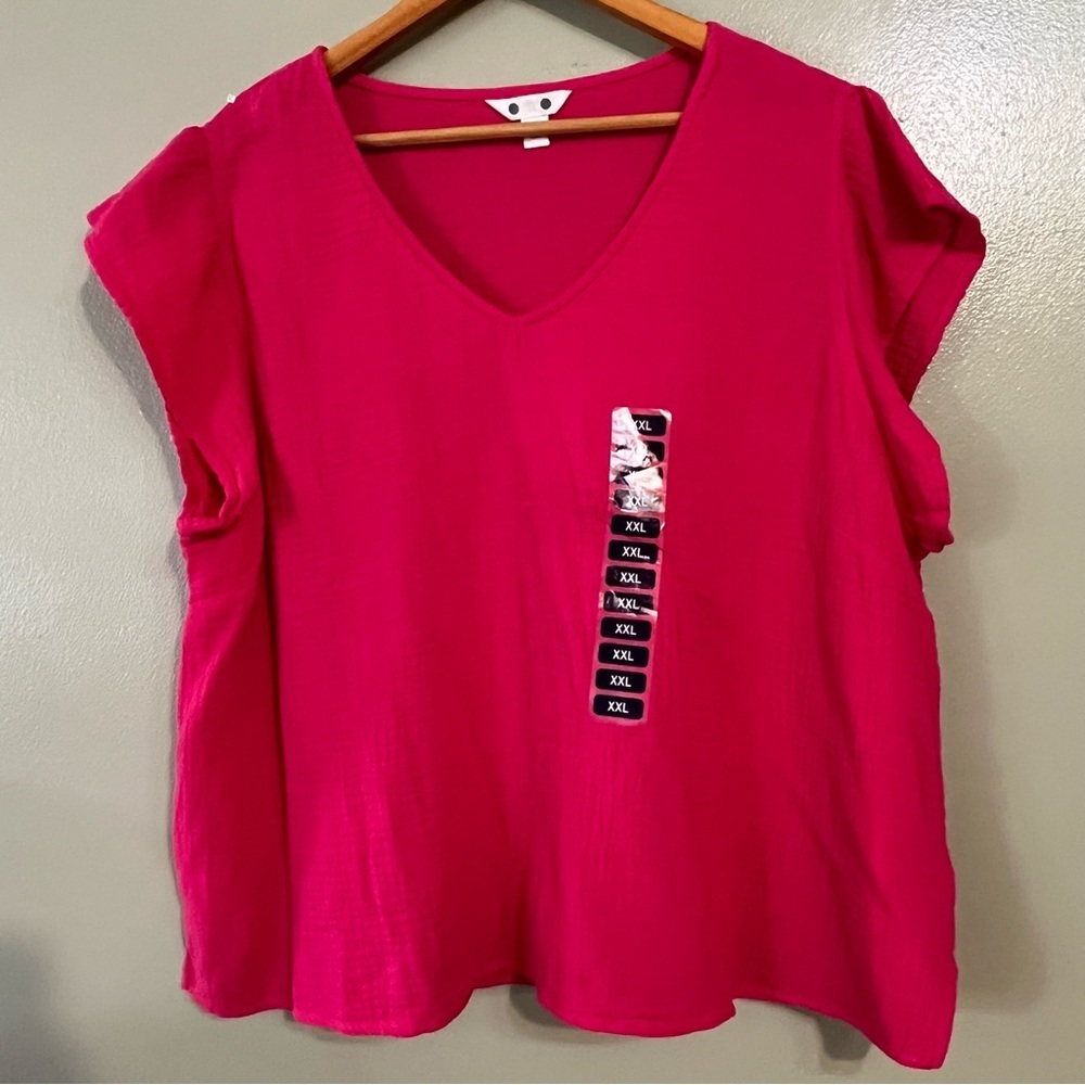 Three Dots Gauze Cotton Lightweight Women's Pink V-Neck Top Boxy XXL NWT